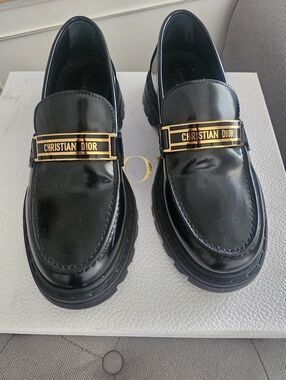 Christian Dior Black Leather Lug-Sole Loafer with Gold Accent EUC